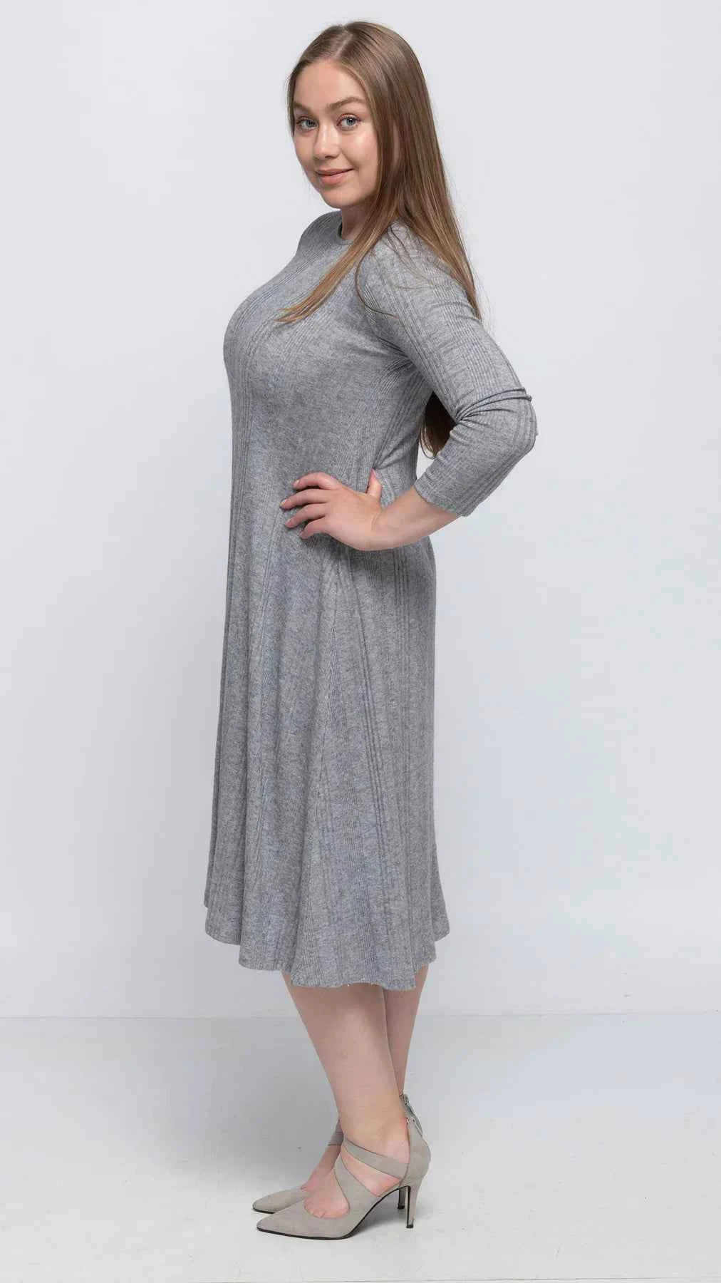 Grey Sweater Knit Rib A-Line Dress