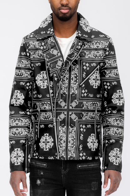 Bandana Print Men’s Faux Leather Jacket - Pikemla