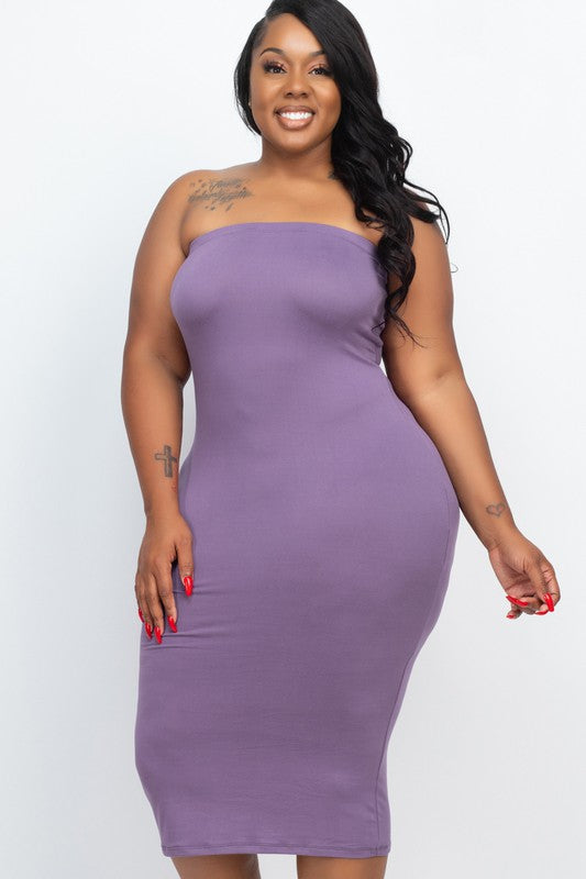 Solid Strapless Tube Bodycon Midi Dress -Plus Sized - Pikemla