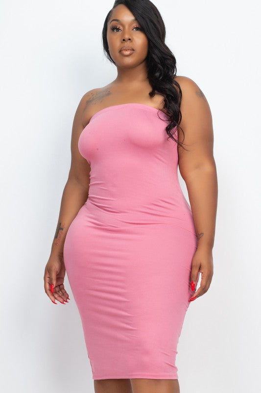 Solid Strapless Tube Bodycon Midi Dress -Plus Sized - Pikemla