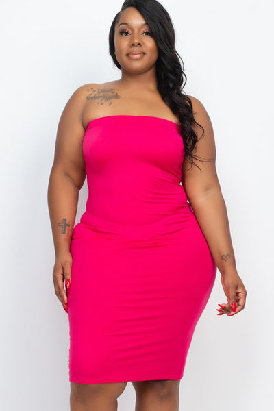 Solid Strapless Tube Bodycon Midi Dress -Plus Sized - Pikemla