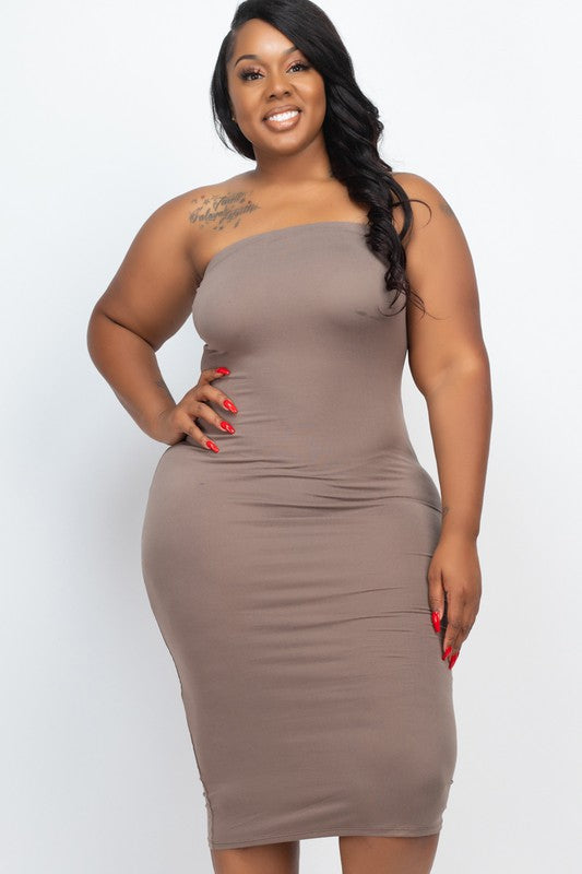 Solid Strapless Tube Bodycon Midi Dress -Plus Sized - Pikemla