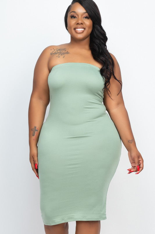 Solid Strapless Tube Bodycon Midi Dress -Plus Sized - Pikemla