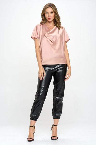 Satin Cowl Neck Short Sleeve Top - Pikemla