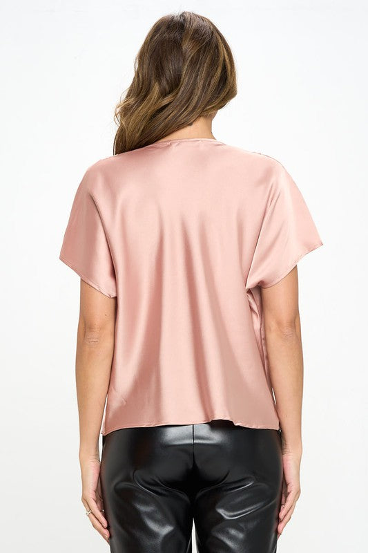 Satin Cowl Neck Short Sleeve Top - Pikemla