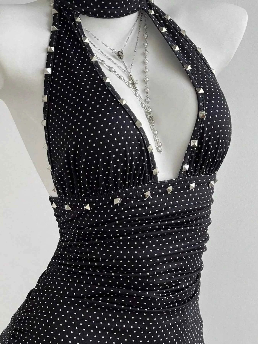 Polka Dot Cutout Front Halter Neck Dress