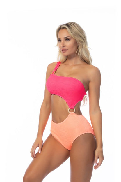 TEXTURED TWO TONE ONE SHOULDER ONE PIECE - Pikemla