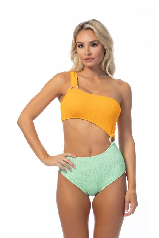 TEXTURED TWO TONE ONE SHOULDER ONE PIECE - Pikemla