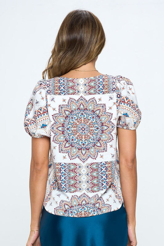 Paisley Print Round neck Top with Puff Sleeve - Pikemla