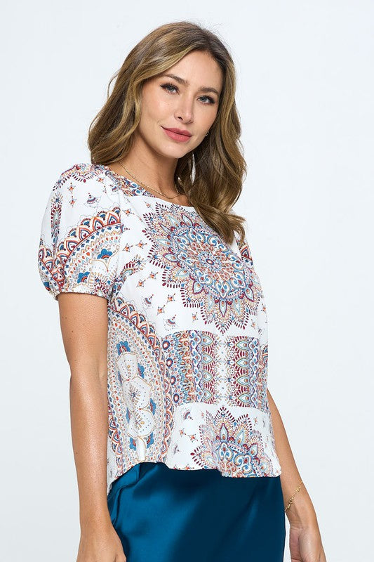 Paisley Print Round neck Top with Puff Sleeve - Pikemla