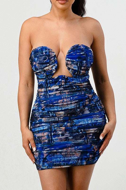 DEEP OCEAN PRINT MINI BODYCON DRESS - Pikemla