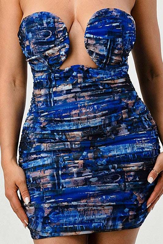 DEEP OCEAN PRINT MINI BODYCON DRESS - Pikemla