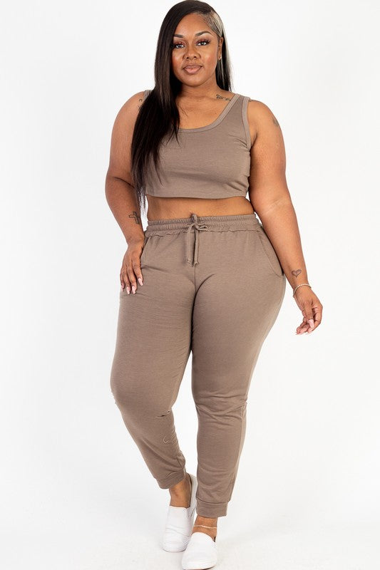Plus French Terry Cropped Tank Top & Joggers Set - Pikemla