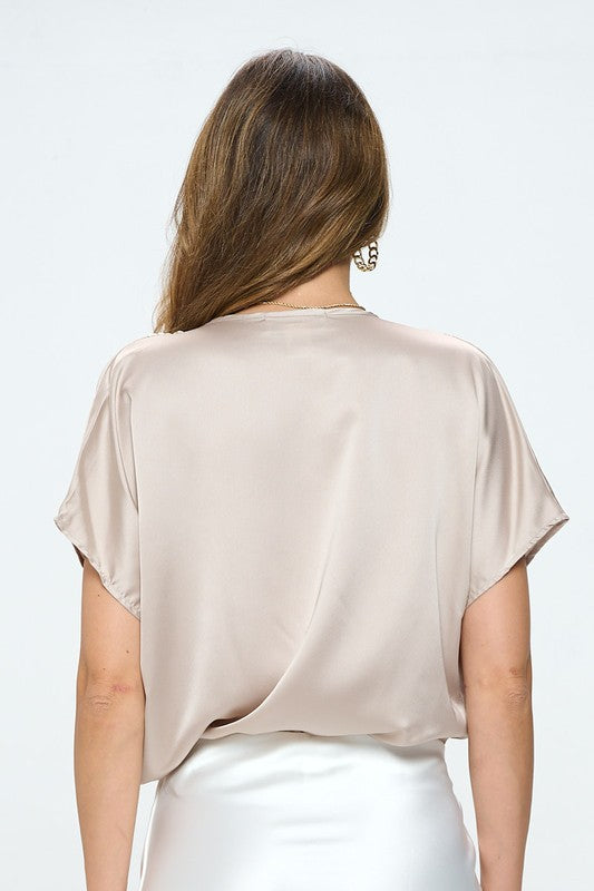 Satin Cowl Neck Short Sleeve Top - Pikemla