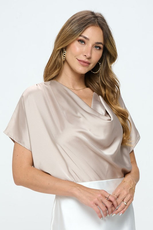 Satin Cowl Neck Short Sleeve Top - Pikemla