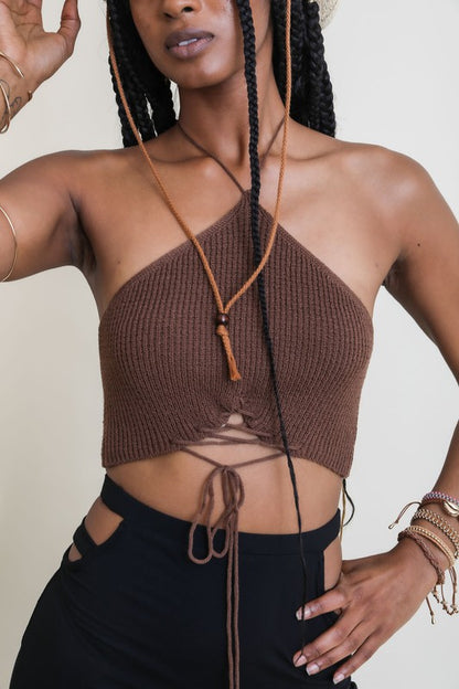 Lace Up Halter Knit Bralette - Pikemla