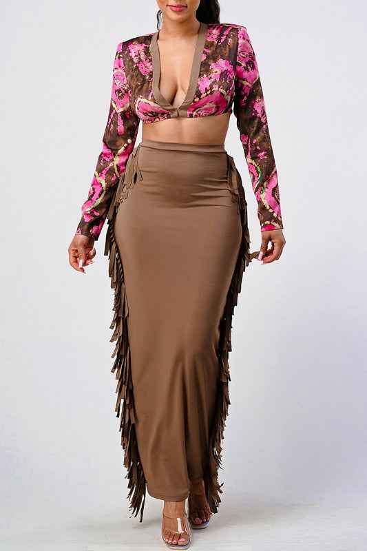 Athina floral print crop top and tassel skirt set