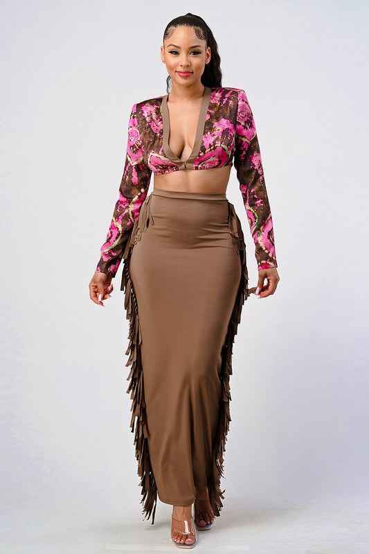 Athina floral print crop top and tassel skirt set