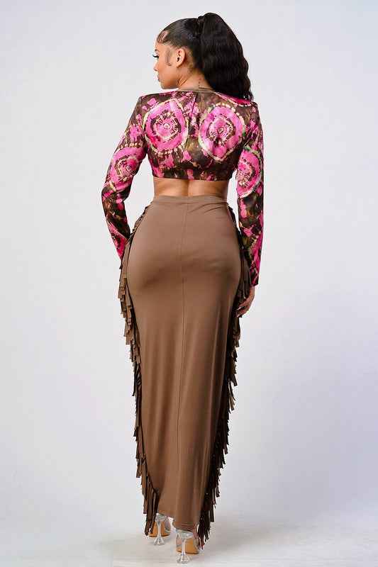 Athina floral print crop top and tassel skirt set