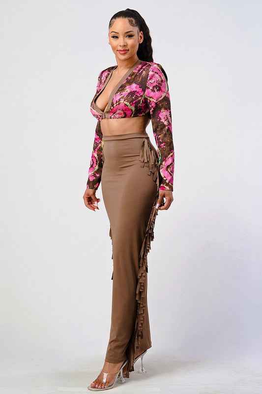Athina floral print crop top and tassel skirt set