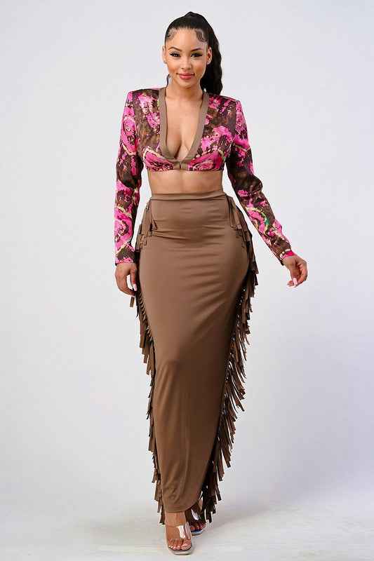 Athina floral print crop top and tassel skirt set
