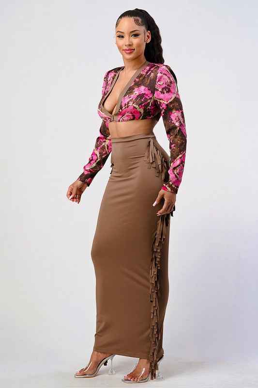 Athina floral print crop top and tassel skirt set