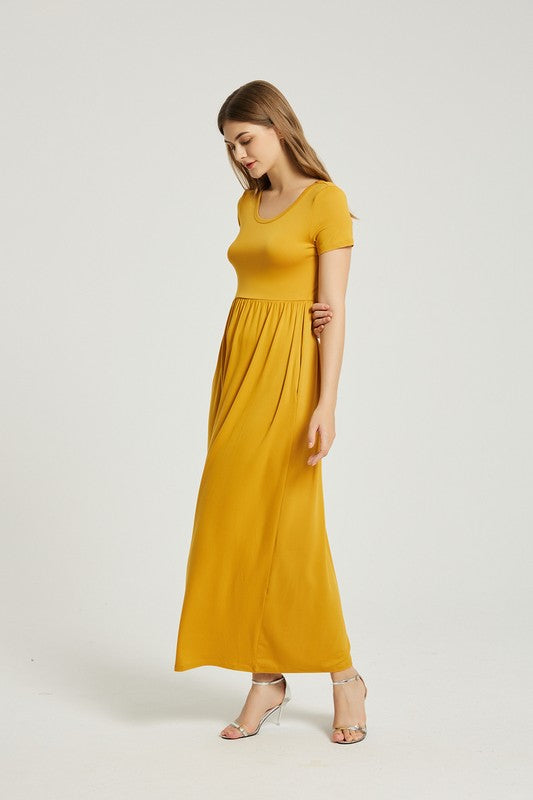 Mustard Maxi Dress With Pockets - Pikemla