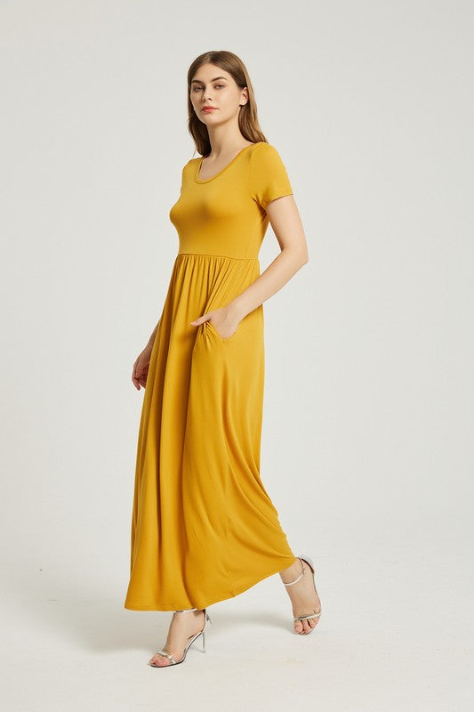 Mustard Maxi Dress With Pockets - Pikemla