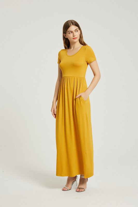 Mustard Maxi Dress With Pockets - Pikemla