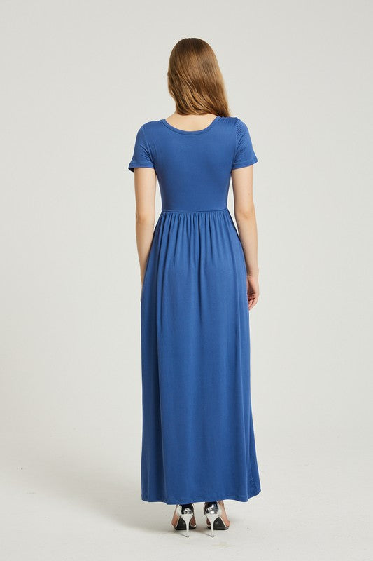 Blue Maxi Dress With Pockets - Pikemla