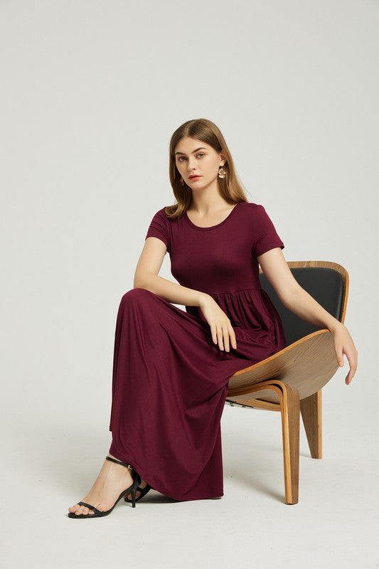 Wine Maxi Dress With Pockets - Pikemla