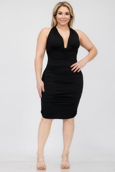 Plunging Neck Ruched Bodycon Mini Dress -Plus Sized - Pikemla