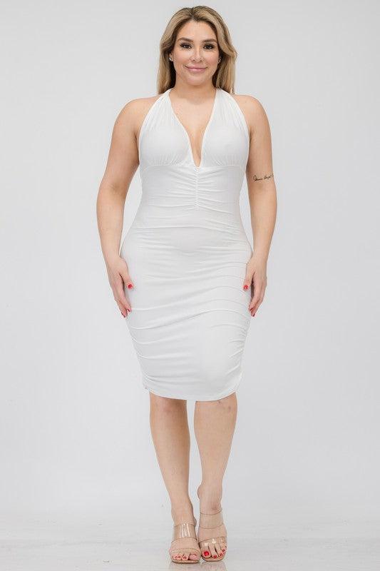 Plunging Neck Ruched Bodycon Mini Dress -Plus Sized - Pikemla