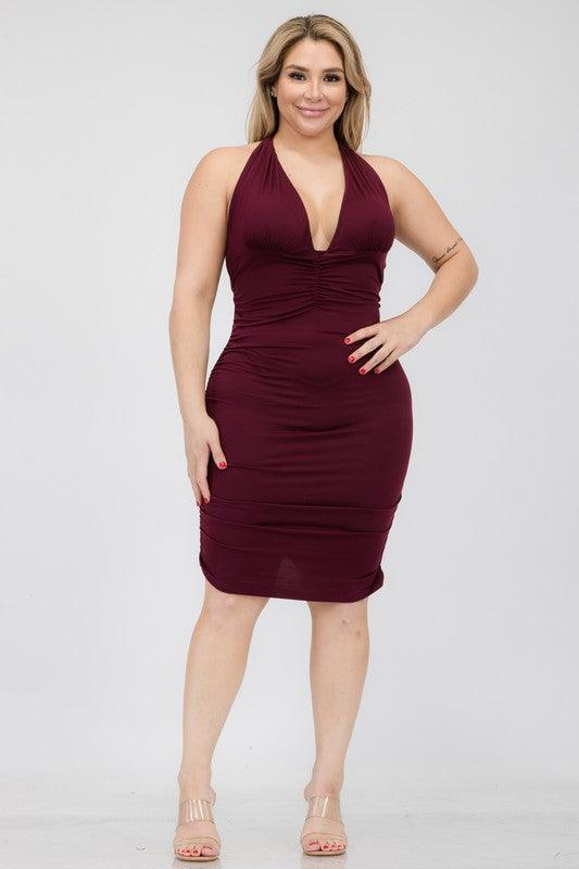 Plunging Neck Ruched Bodycon Mini Dress -Plus Sized - Pikemla