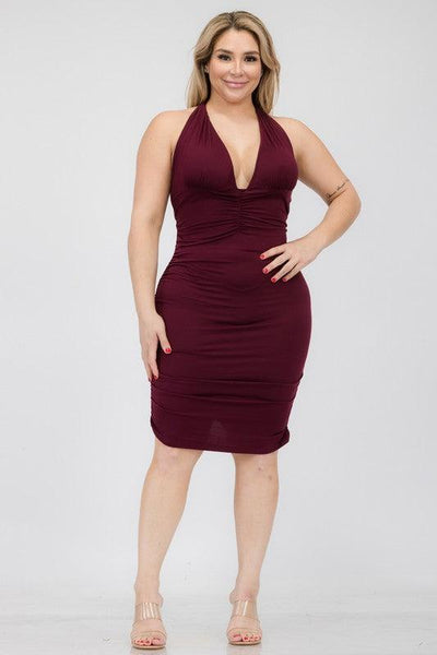 Plunging Neck Ruched Bodycon Mini Dress -Plus Sized - Pikemla