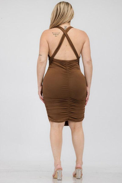 Plunging Neck Ruched Bodycon Mini Dress -Plus Sized - Pikemla