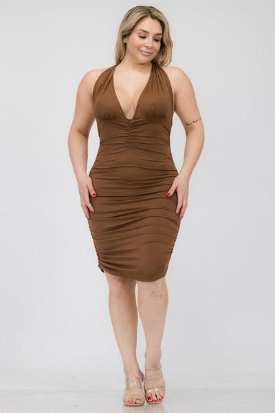 Plunging Neck Ruched Bodycon Mini Dress -Plus Sized - Pikemla