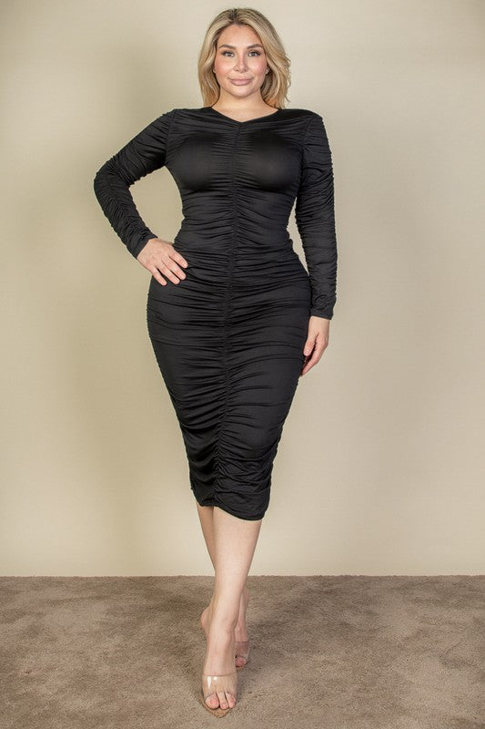 Curvy Plus Size Ruched Long Sleeve Midi Dress - Pikemla
