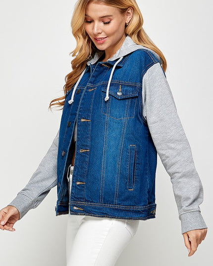 Black Denim Jacket with Fleece Hoodie - Pikemla