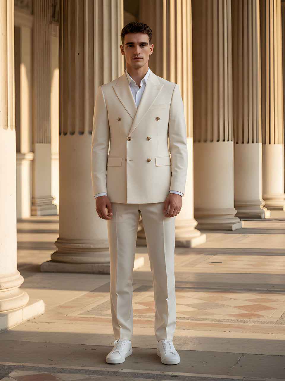 Men’s Slim Fit Cream Double-Breasted Wool-Blend Suit with Gold Buttons