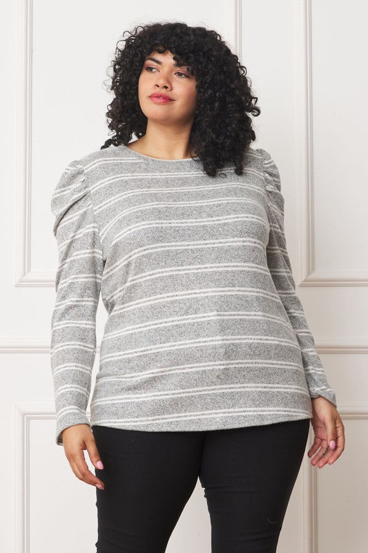 Shirred Puff Sleeve Stripe Top - Pikemla