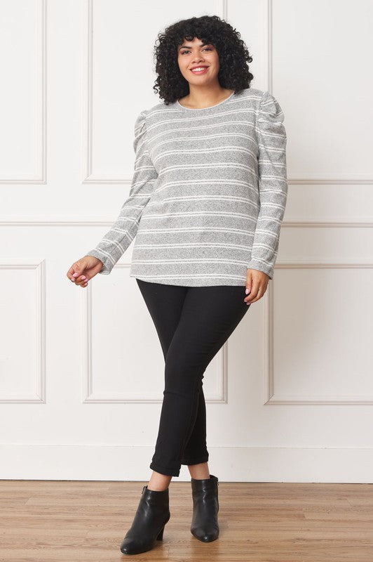 Shirred Puff Sleeve Stripe Top - Pikemla