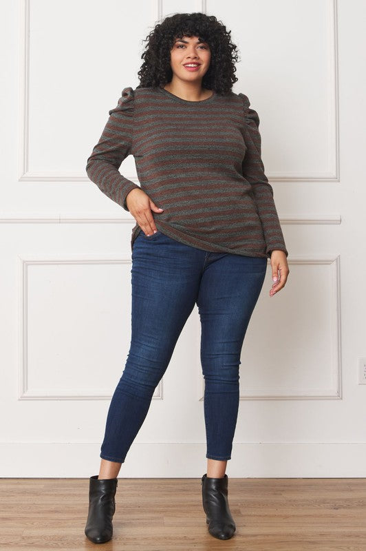 Shirred Puff Sleeve Stripe Top