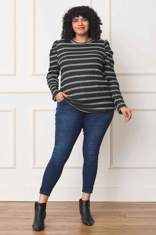 Shirred Puff Sleeve Stripe Top - Pikemla
