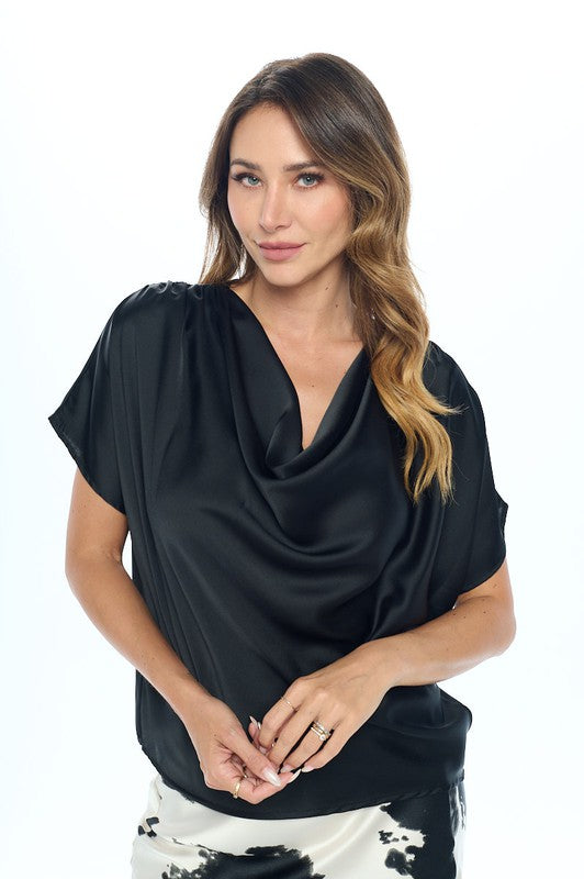 Satin Cowl Neck Short Sleeve Top