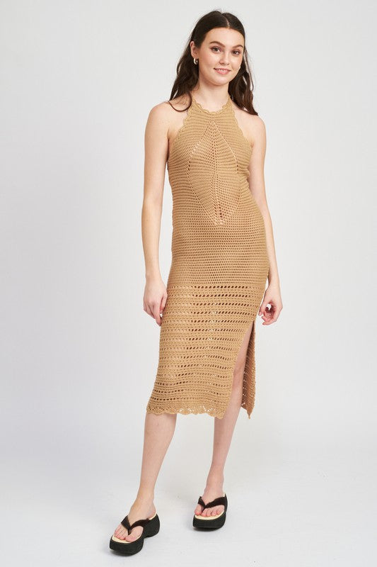 CROCHET HALTER MIDI DRESS WITH SLIT - Pikemla