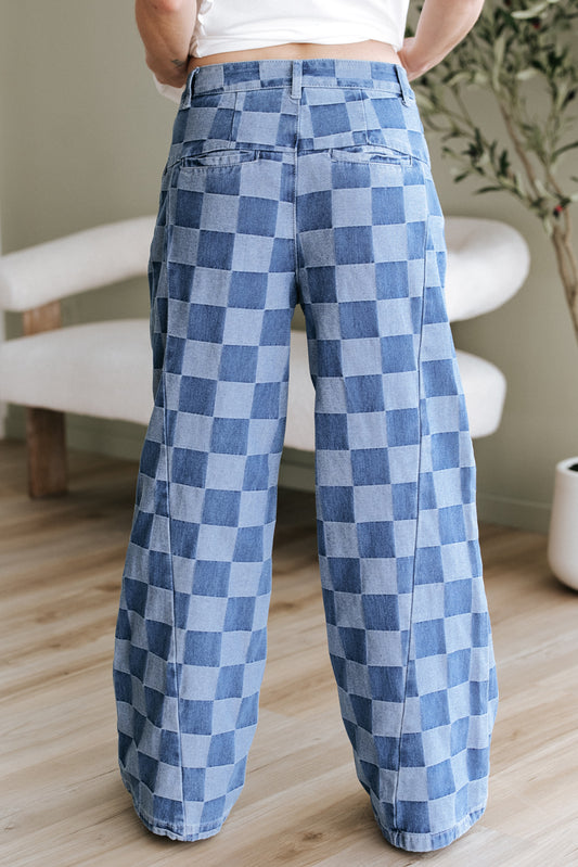 Dusk Blue Checkered Denim Wide Leg Jeans - Pikemla