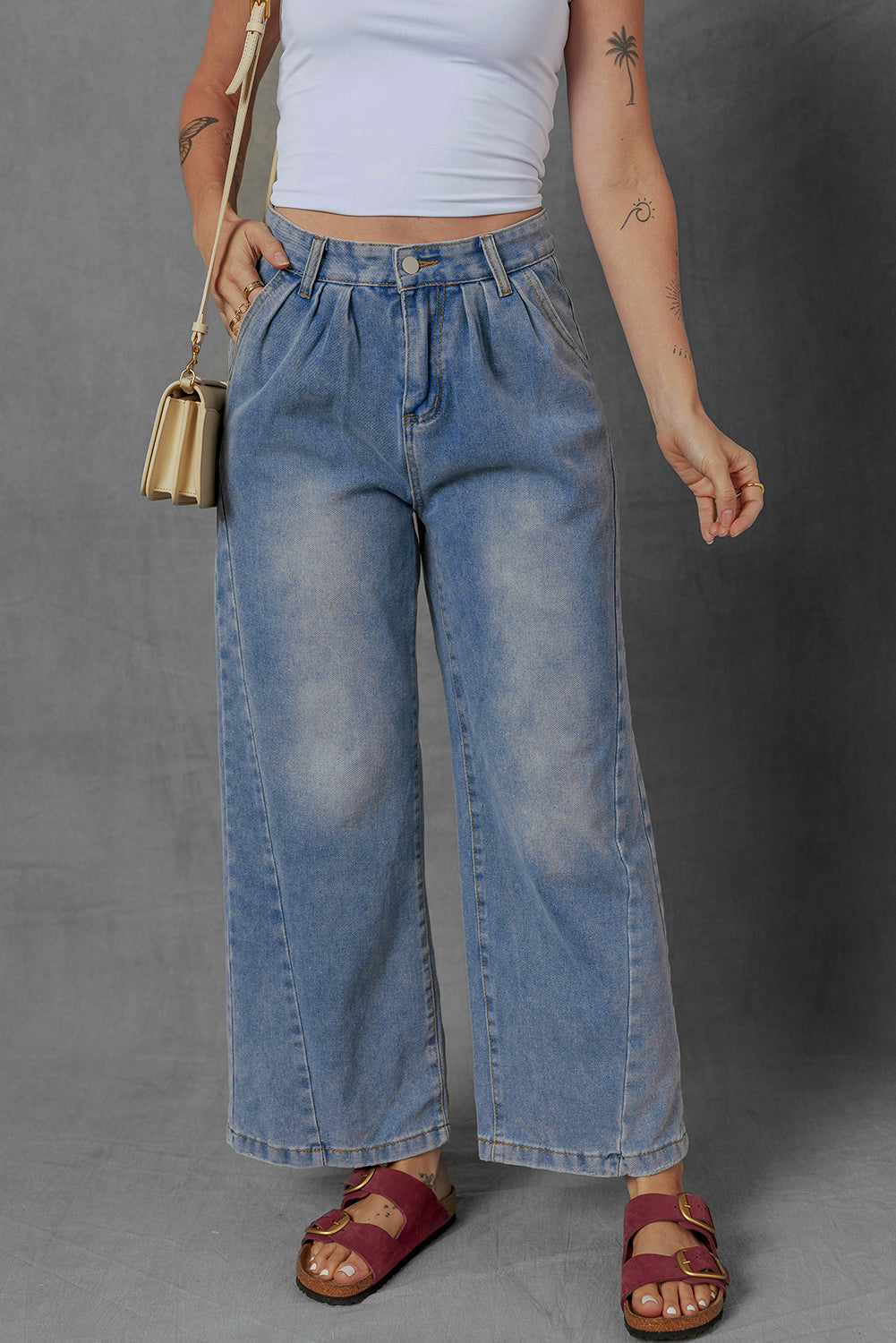 Ashleigh Blue Washed Pleated Detail Wide Leg Jeans - Pikemla
