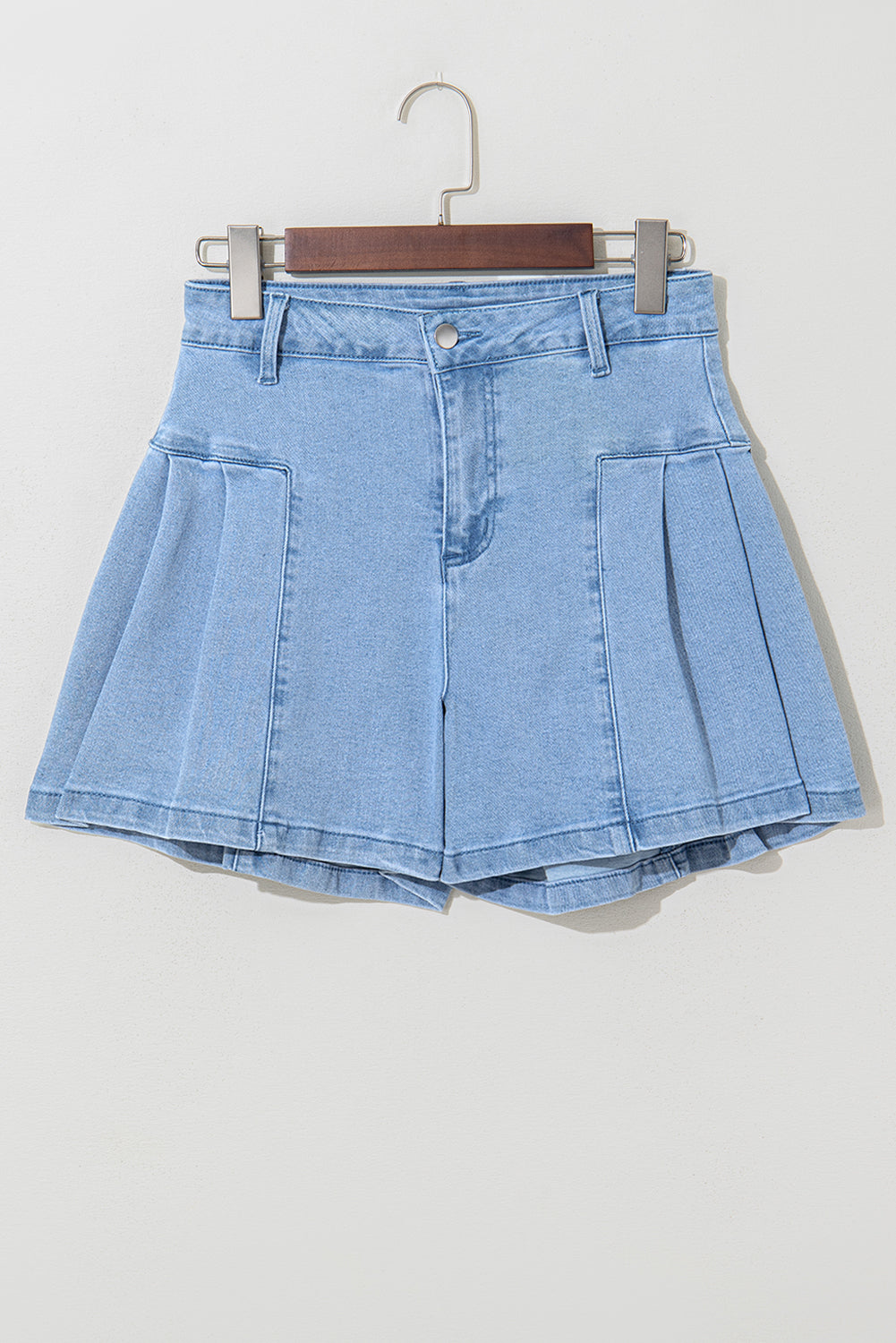 Dusk Blue Pleated Patchwork Wide Leg Lightweight Denim Shorts - Pikemla