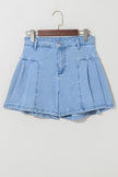 Dusk Blue Pleated Patchwork Wide Leg Lightweight Denim Shorts - Pikemla